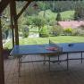 Vorgarten mit TT-Tisch unter Carport, © dmgrauszer Tischtennistisch unter einem Carport mit Blick auf einen grünen Garten und Hügel im Hintergrund.