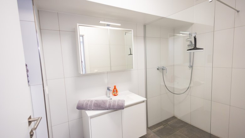 Badezimmer, © Peter Prandsetter, Julian Eisenkirchner Modernes Badezimmer mit Dusche, Waschbecken und Spiegel.