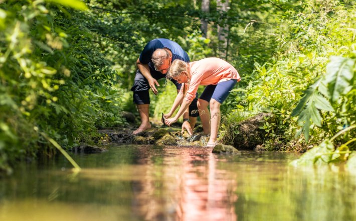 Johannesbachklamm_(c)_Fülöp, © (c)Fülöp Zwei Personen beugen sich über einen Bach in einem grünen Wald.