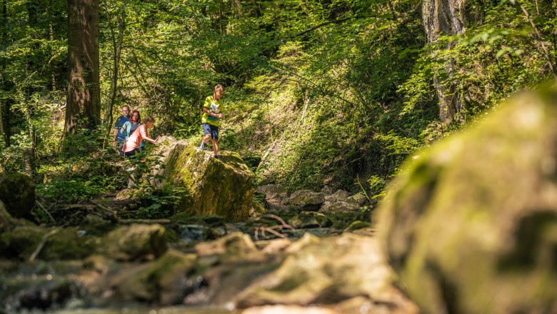 Johannesbachklamm, © Gemeinde Würflach Familie wandert in der Johannesbachklamm, umgeben von üppigem Grün und Felsen.