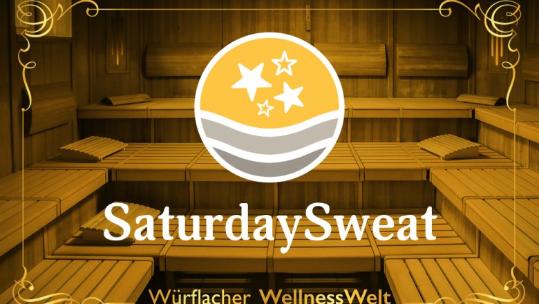 Samstag, © DESIGN S (design-s.at) Innenansicht einer Sauna mit Holzbänken und dem Logo von Saturday Sweat.