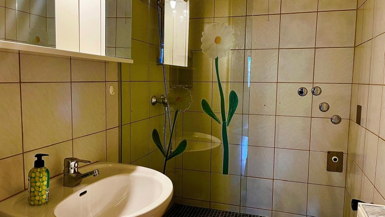 Frühstückspension Csenar, © Christine Kreiderits Badezimmer mit Waschbecken, Spiegel und Duschwand mit Blumenmotiv.