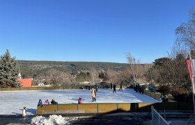 Eislaufplatz Piesting, © Wiener Alpen/Katharina Lechner Eislaufplatz mit Menschen und Pinguinfigur, umgeben von Bäumen und Hügeln unter blauem Himmel.