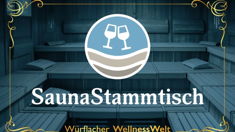 Dienstag, © DESIGN S (design-s.at) Logo des SaunaStammtischs in einer Sauna mit Holzbänken.