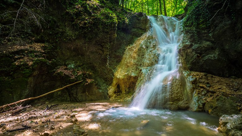 Waldegg - Dürrenbach, © Wiener Alpen, Christian Kremsl Ein Wasserfall im Wald, der über Felsen fließt, umgeben von Bäumen und Moos.