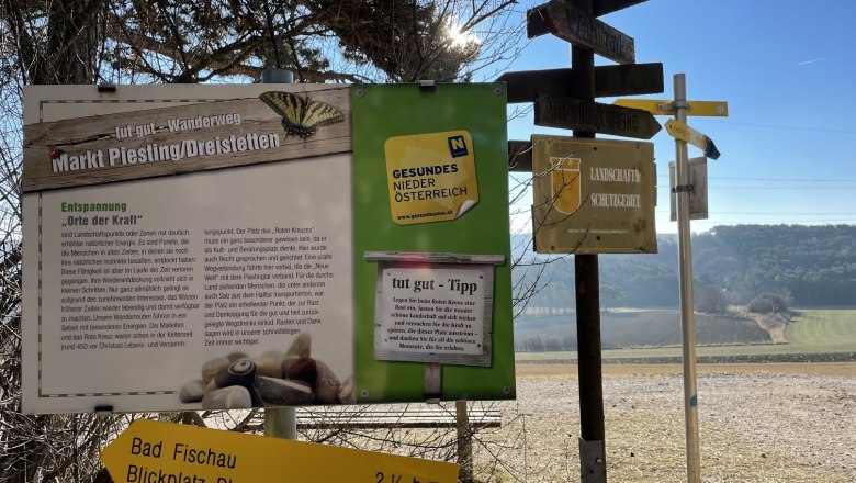 Wegweiser und Informationstafel in einer ländlichen Landschaft mit blauem Himmel.