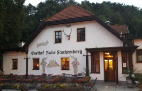 Ein traditionelles Gasthaus mit Außenbereich und Wandmalereien, umgeben von Bäumen.