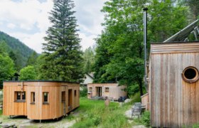 Drei kleine Holzh&auml;user in einer gr&uuml;nen Waldlandschaft.