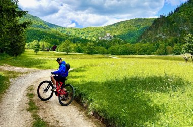 Radfahrer vor Ruine Losenheim auf MTB Strecke