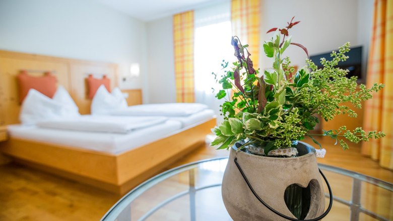 Ein Doppelzimmer mit einem Bett im Hintergrund und einer Pflanze in einem Topf im Vordergrund.