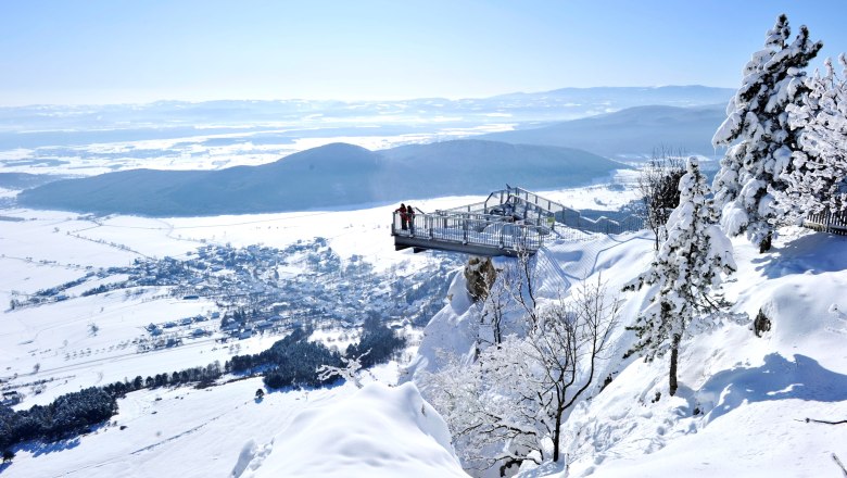 Winterlandschaft im Naturpark Hohe Wand mit schneebedeckten Bäumen und Aussichtspunkt.