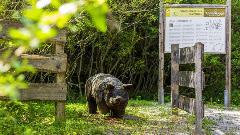Holzskulptur eines Wildschweins auf einem Naturpfad mit Infotafel im Hintergrund.