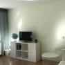 Helles Wohnzimmer mit TV, Globus und Pflanzen.