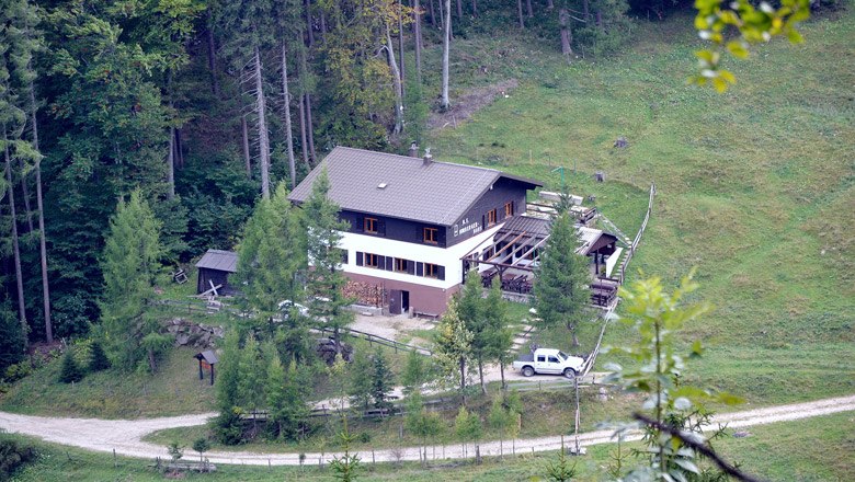 Ein großes Haus im Wald mit einem Auto davor, umgeben von Bäumen und Wiesen.