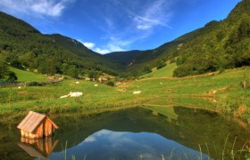 Ein kleiner Teich in einer grünen Berglandschaft mit blauem Himmel.