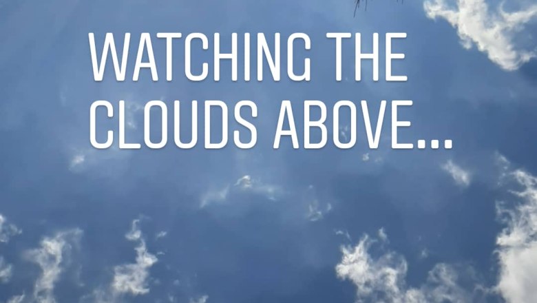 Blick in den Himmel mit Wolken und Sonne, Baumzweige am Rand.