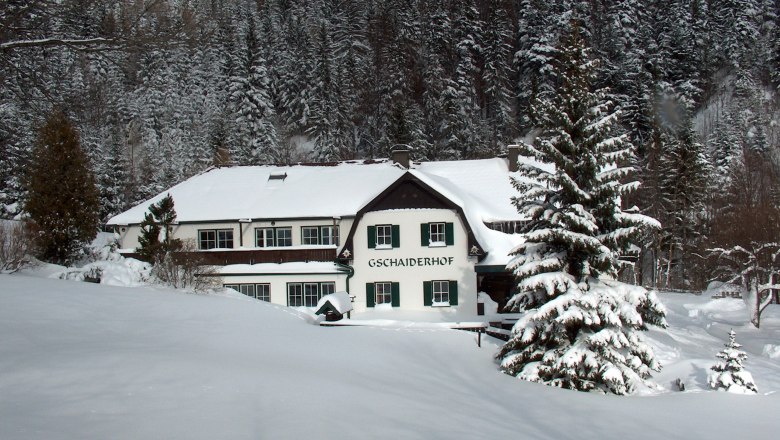 Gschaiderhof Winter, © Marianne Gschaider Ein verschneites Gebäude namens Gschaiderhof vor einem Wald im Winter.
