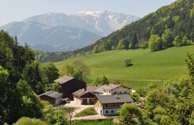 Bauernhof in grüner Hügellandschaft mit Bergen im Hintergrund.