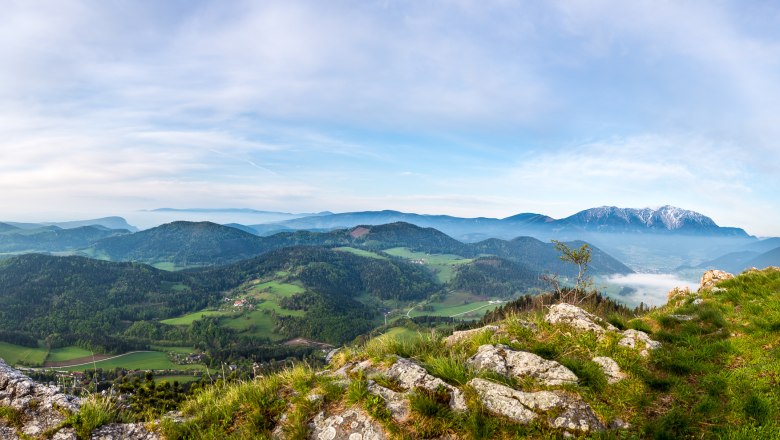 Panoramablick auf eine gr&uuml;ne Berglandschaft mit bewaldeten H&uuml;geln und einem schneebedeckten Berg im Hintergrund unter blauem Himmel.