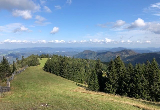 Blick auf eine grüne Berglandschaft mit Wäldern und blauem Himmel.