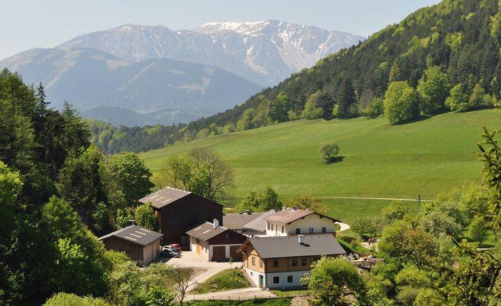 Bauernhof in grüner Hügellandschaft mit Bergen im Hintergrund.