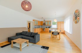 Offener Wohnbereich mit K&uuml;che, Esstisch und Sofa.