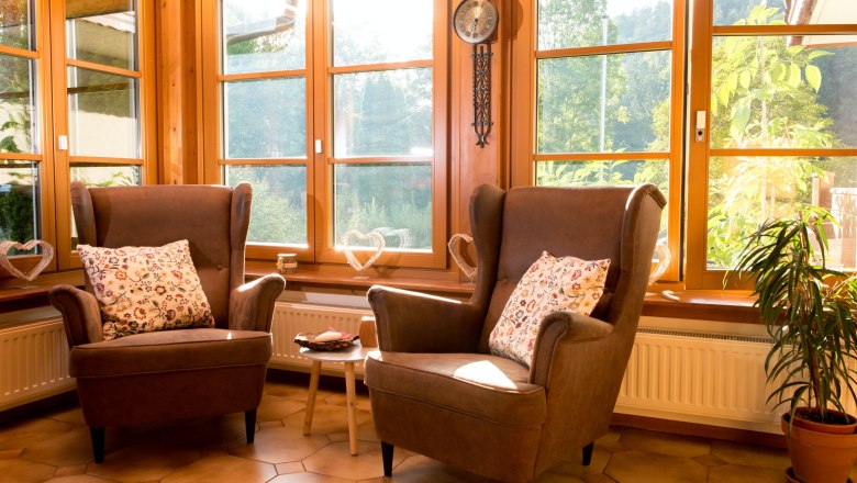 Zwei braune Sessel mit gemusterten Kissen vor großen Fenstern in einem sonnigen Raum.