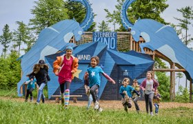 Kinder rennen vor einer blauen Holzkonstruktion mit Steinbock-Motiven und der Aufschrift 'Steinbock Kino'.