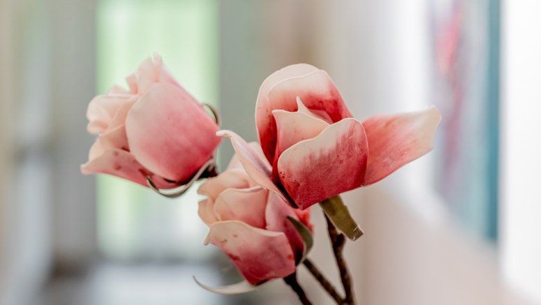 Nahaufnahme von rosa Bl&uuml;ten in einem Innenraum.