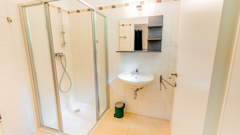 Modernes Badezimmer mit Duschkabine, Waschbecken und Spiegel.